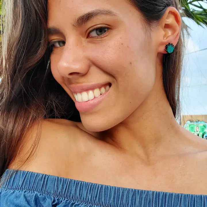 Teal Agave Wood Stud Earrings
