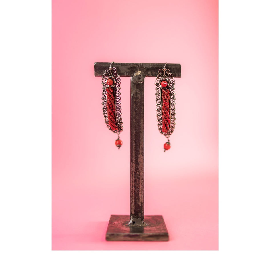 Sterling Silver Long Braided Coral Strands Earrings