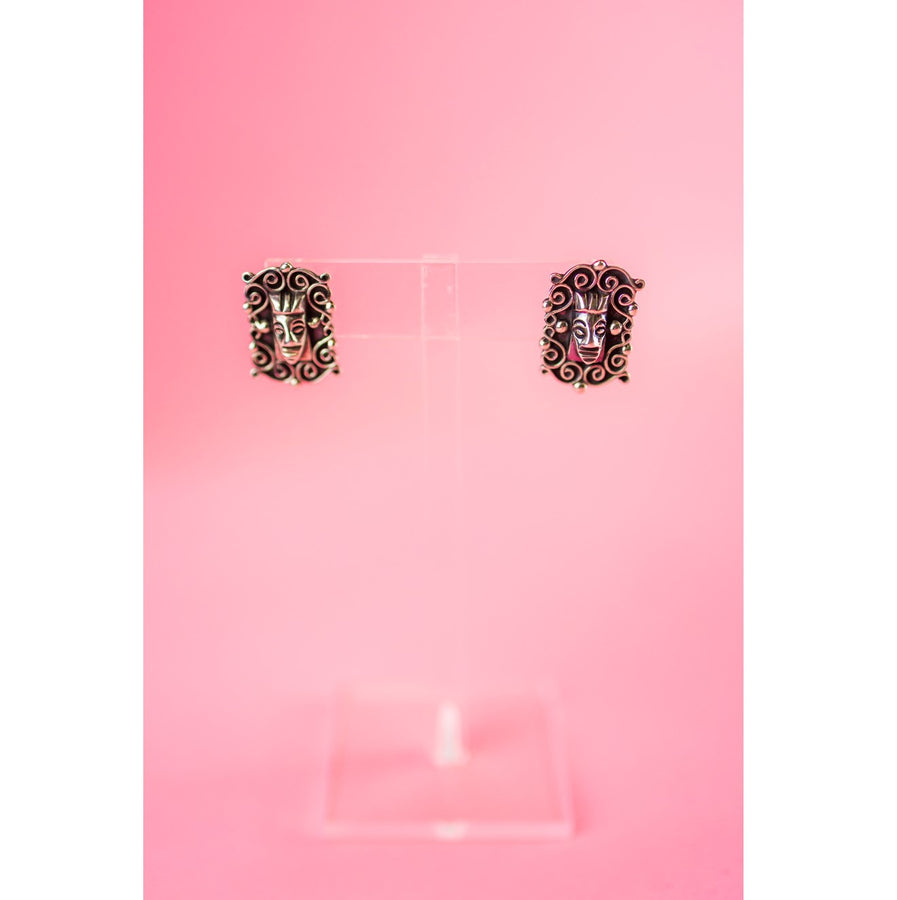 Vintage Sterling Silver Face in the Scrolls Earrings
