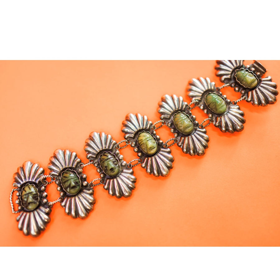 Vintage Sterling Silver Agate Carved Faces Bracelet