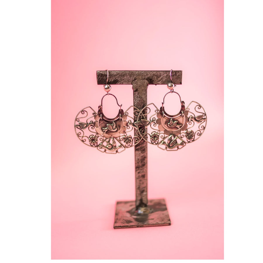 Vintage Sterling Silver Large Wide Earrings with Birds and Flowers