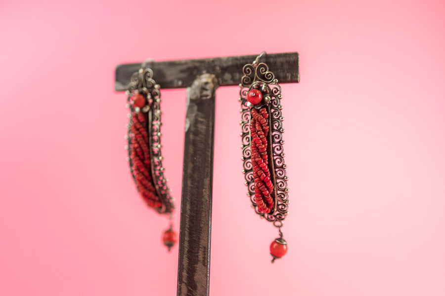 Sterling Silver Long Braided Coral Strands Earrings