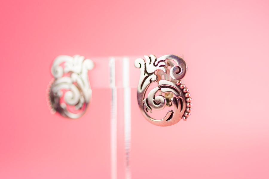 Vintage Sterling Swirly Flower Clip-On Earrings