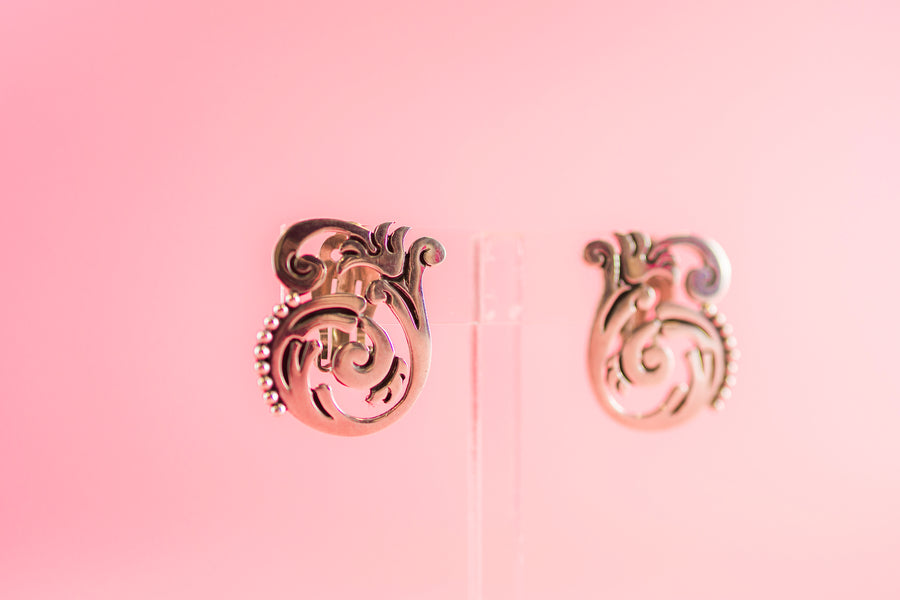 Vintage Sterling Swirly Flower Clip-On Earrings
