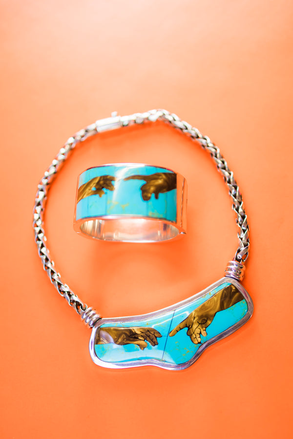 Sterling Silver Sistine Chapel Creation of Adam Braided Chain Inlaid Necklace