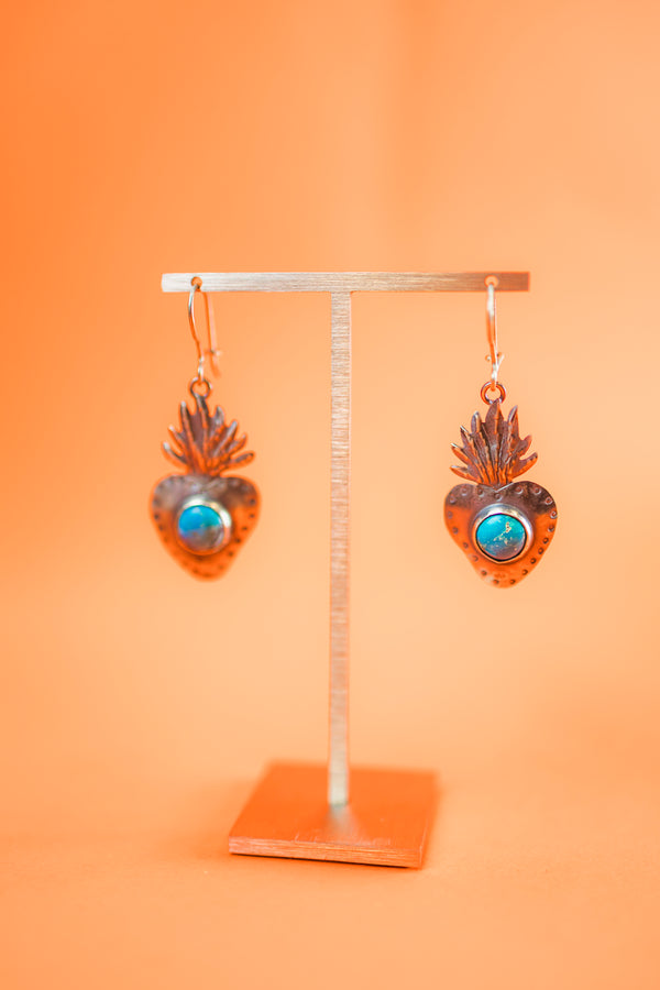 Oxidized Sterling Silver Sacred Heart Earrings with Turquoise