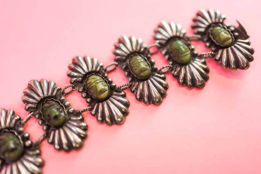 Vintage Sterling Silver Agate Carved Faces Bracelet