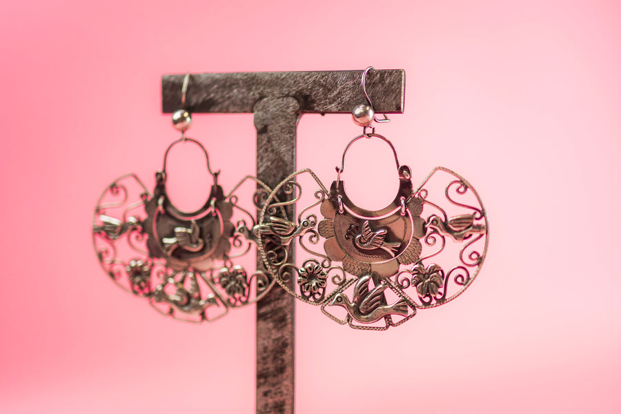 Vintage Sterling Silver Large Wide Earrings with Birds and Flowers