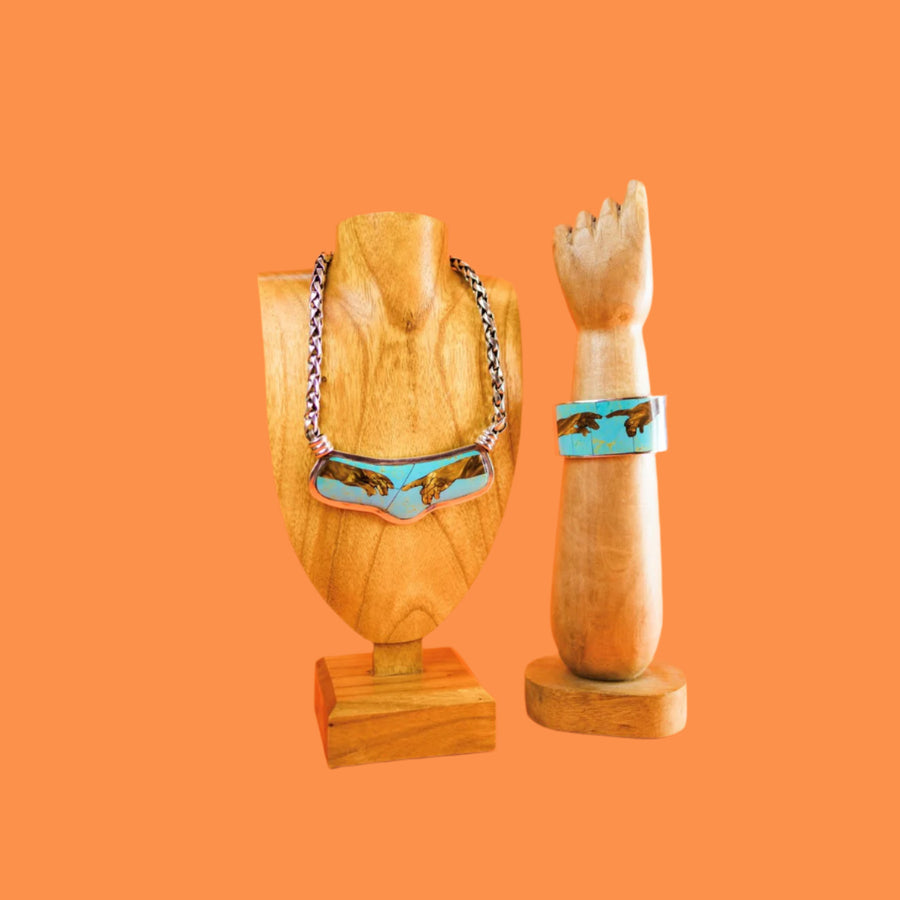 Sterling Silver Sistine Chapel Creation of Adam Braided Chain Inlaid Necklace