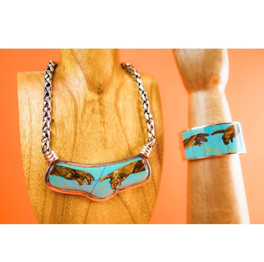 Sterling Silver Sistine Chapel Creation of Adam Braided Chain Inlaid Necklace