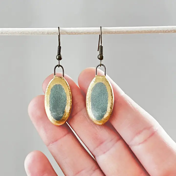Matte Turquoise Oval Earrings with Painted Gold