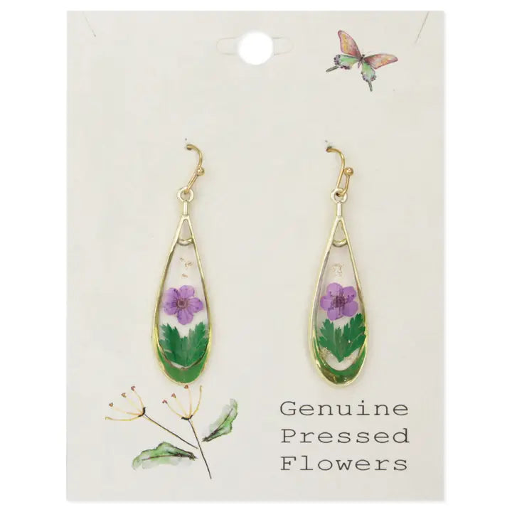 Dried Purple Flower Teardrop Earrings