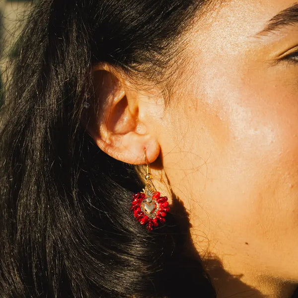 Red Mini Beaded Heart Earrings