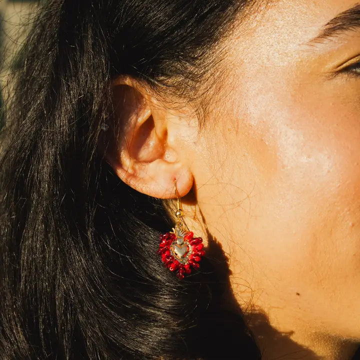 Red Mini Beaded Heart Earrings