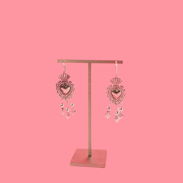 Sterling Silver Sacred Heart with Tiny Dangling Hearts Earrings
