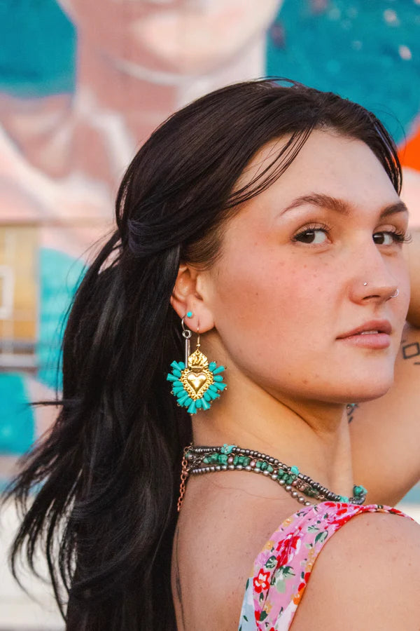 Teal Heart Crystal Earrings