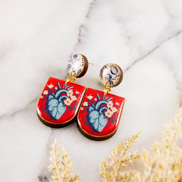 Vintage Anatomical Heart Floral Drop Post Earrings