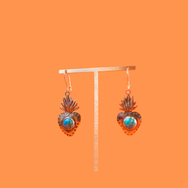 Oxidized Sterling Silver Sacred Heart Earrings with Turquoise