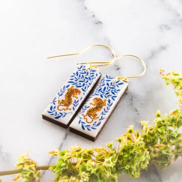 Lucky Tiger Japanese Rectangle Earrings