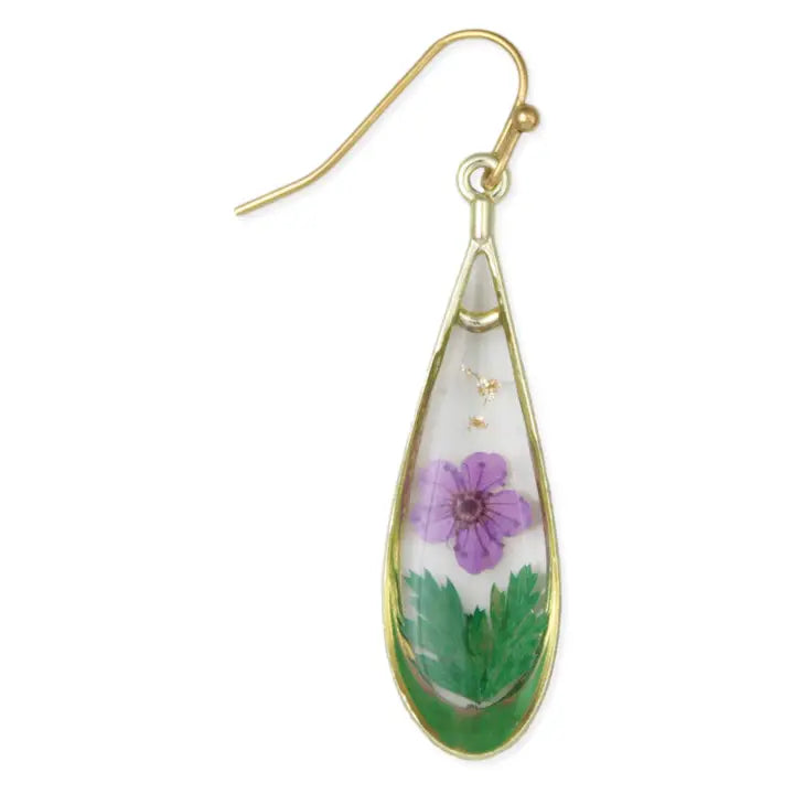 Dried Purple Flower Teardrop Earrings