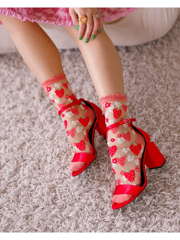 Strawberry Daisy Ruffle Sheer Crew Socks