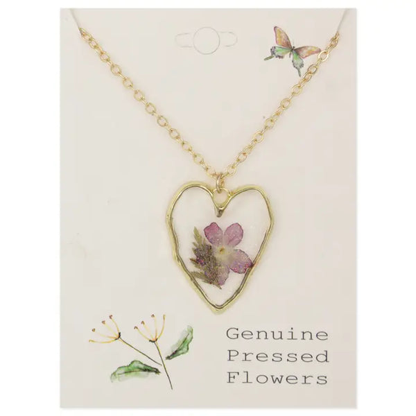 Purple Dried Flower Gold Heart Necklace