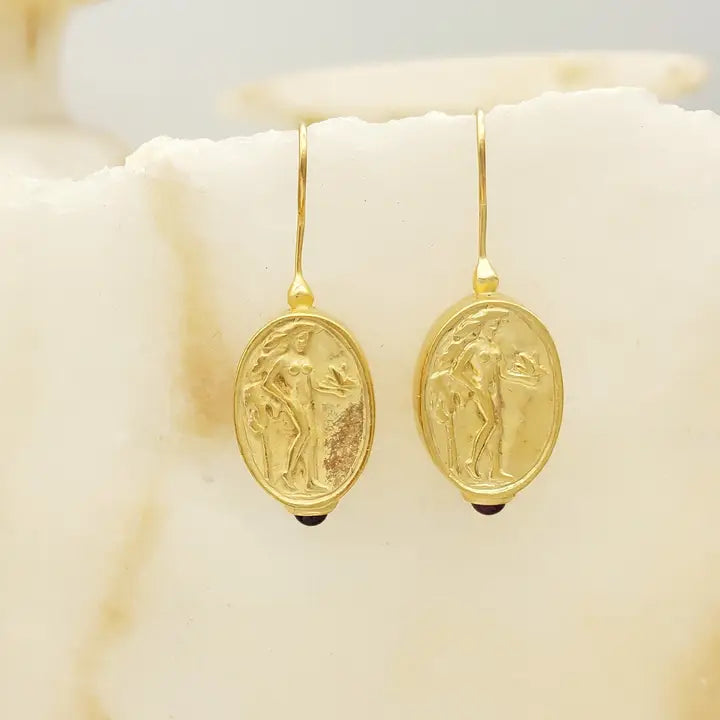 Aphrodite Coin Earrings with Garnet