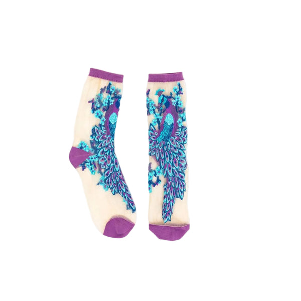Aquamarine Peacock Sheer Crew Socks