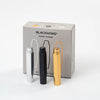 3 pencil point guards stand in front of box. Silver, black and gold