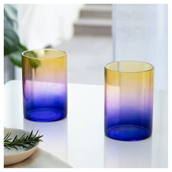 Set of Two Blue Yellow and Pink Drinking Glasses