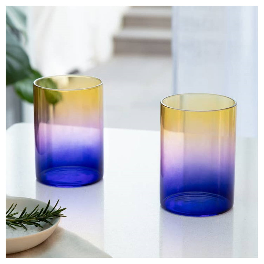 Set of Two Blue Yellow and Pink Drinking Glasses