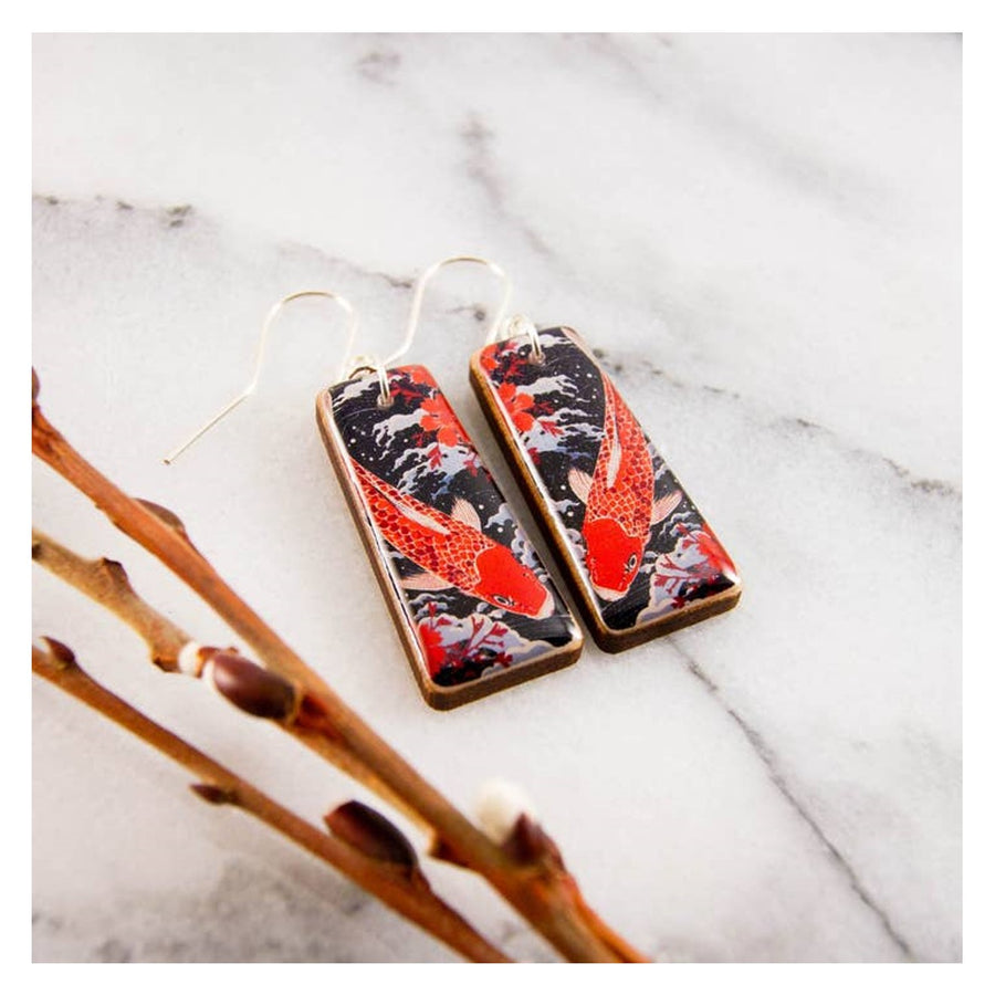 Japanese Black & Red Koi Fish Tapered Rectangle Earrings