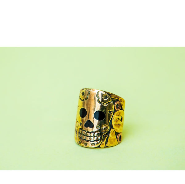 Large Copper/Brass with Black Enamel Adjustable Skull Ring