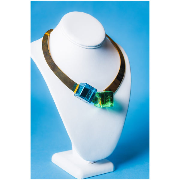 Larry Bell Inspired Vintage V Brass Choker with Teal and Green Resin Cubes