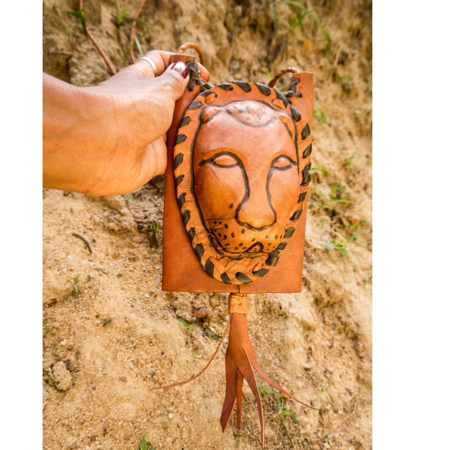 Hand Woven Leather Lion Face Pouch in Sable Brown