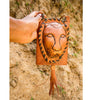 Hand Woven Leather Lion Face Pouch in Sable Brown
