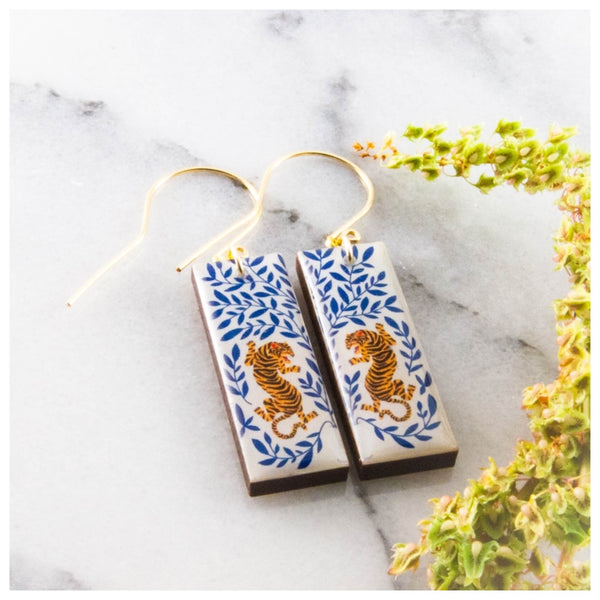 Lucky Tiger Japanese Rectangle Earrings