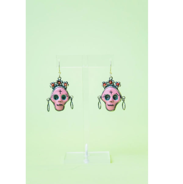 Sterling Silver and Pink Ceramic Skull Earrings