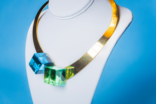 Larry Bell Inspired Vintage V Brass Choker with Teal and Green Resin Cubes