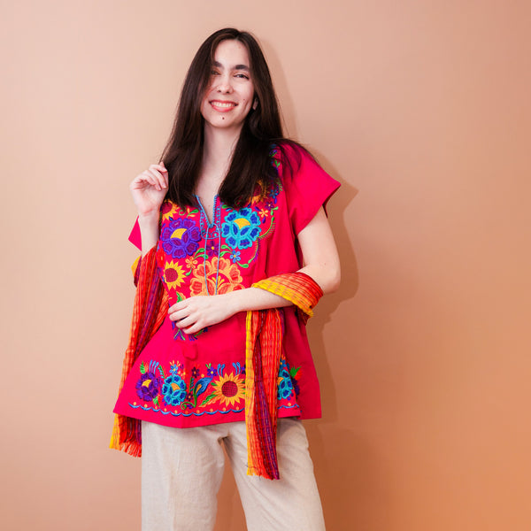 Pink Fiesta Flower Blouse with Blue Embroidery