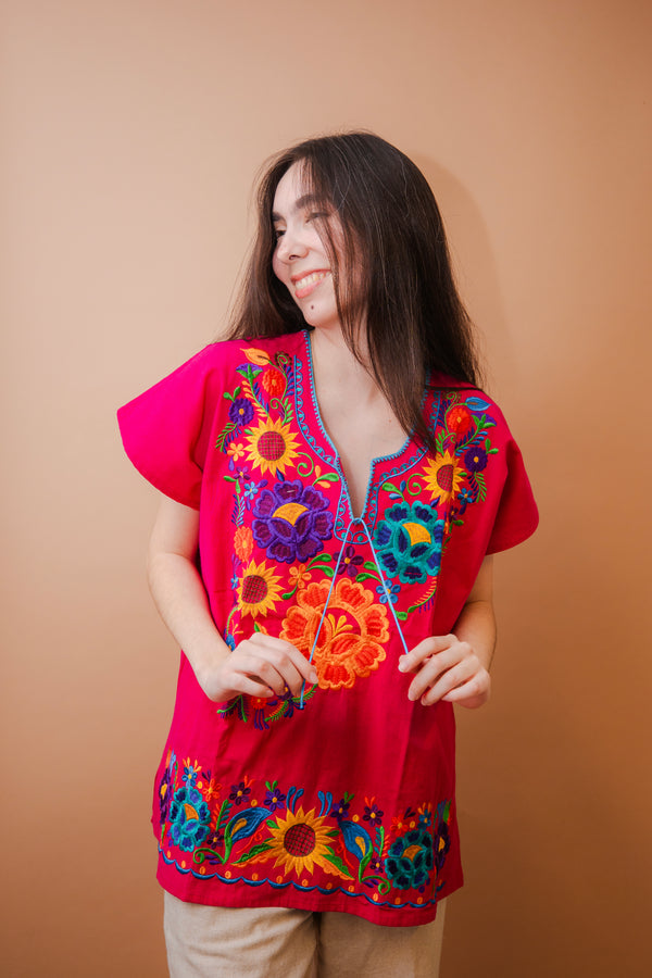 Pink Fiesta Flower Blouse with Blue Embroidery