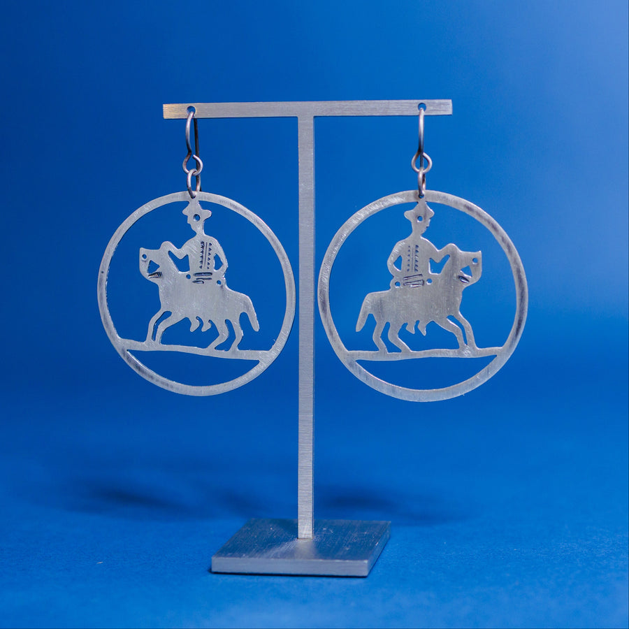 SAMA Sterling Silver Horse and Rider Circle Dangle Earrings