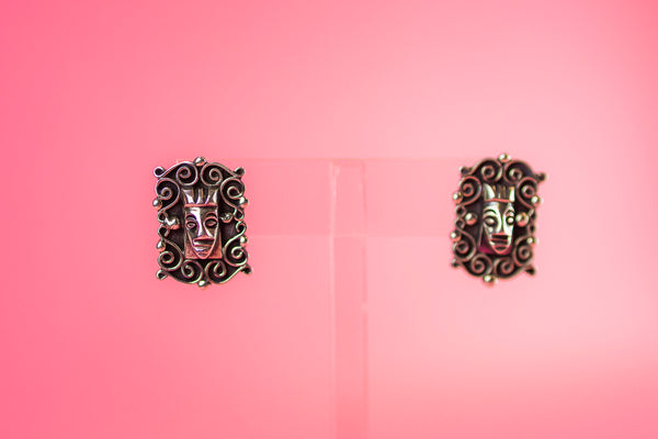 Vintage Sterling Silver Face in the Scrolls Earrings