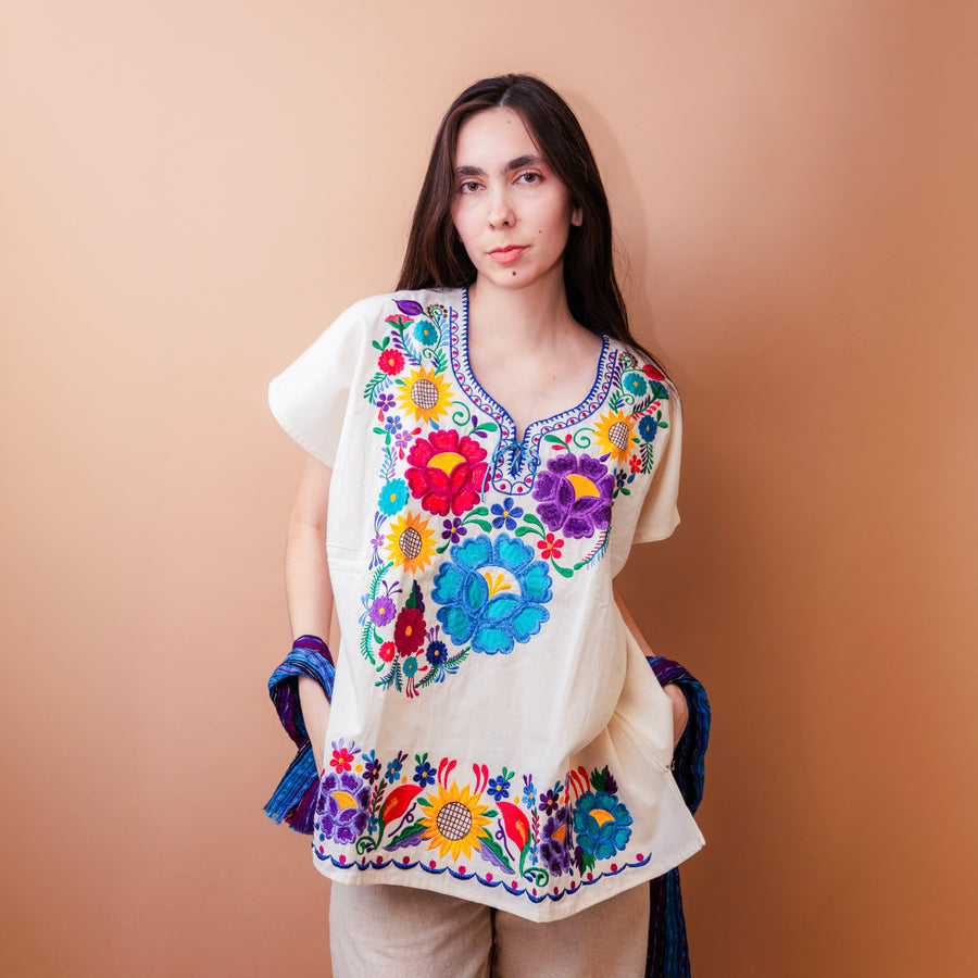 Eggshell Fiesta Flower Blouse with Blue Embroidery Size: XL