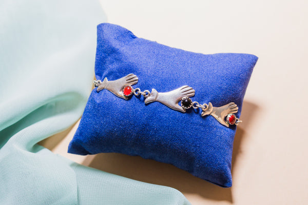 Sterling Silver Onyx Carnelian Milagro Hands Bracelet