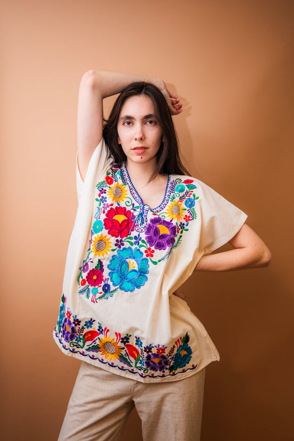 Eggshell Fiesta Flower Blouse with Blue Embroidery Size: XL