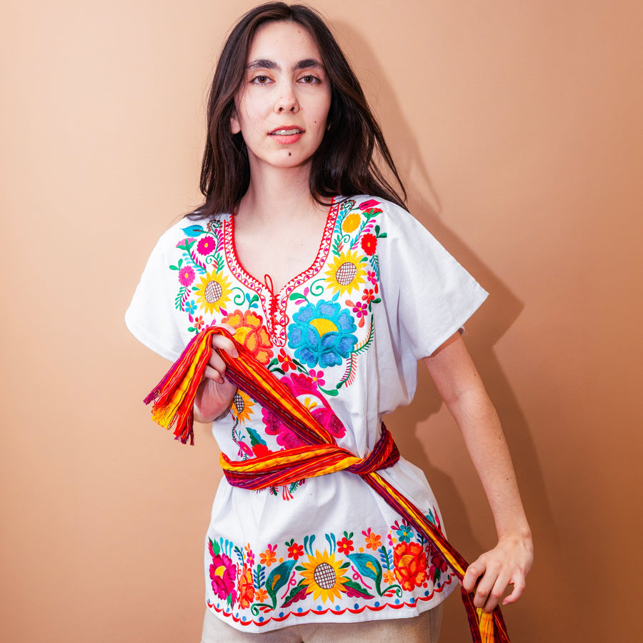 White Fiesta Flower Blouse with Red Embroidery