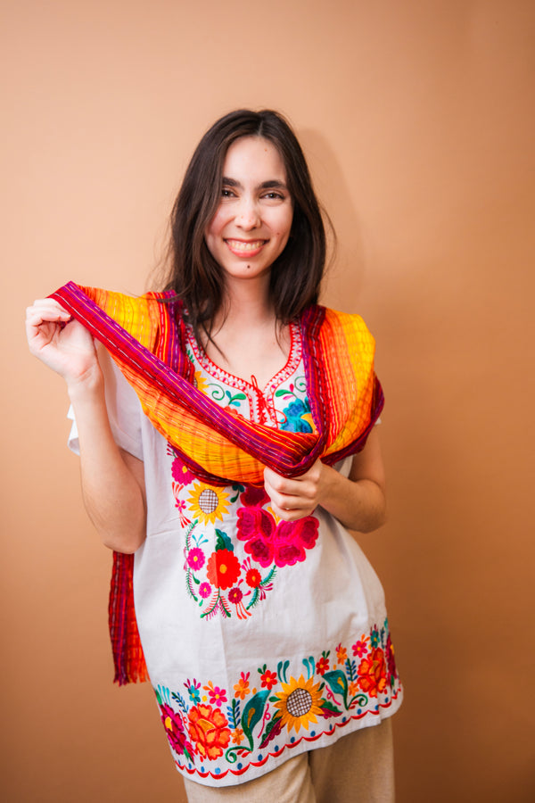 White Fiesta Flower Blouse with Red Embroidery