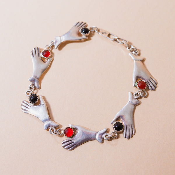 Sterling Silver Onyx Carnelian Milagro Hands Bracelet