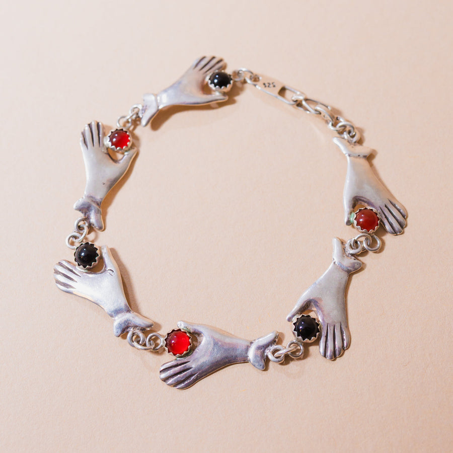 Sterling Silver Onyx Carnelian Milagro Hands Bracelet